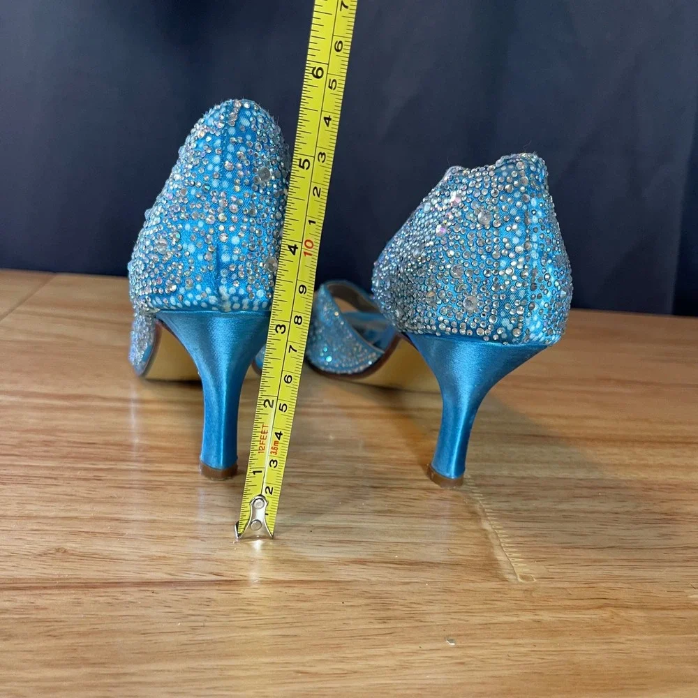 Touch Ups Blue Satin Rhinestone Peep Toe d'Orsay Kitten Heels Womens 10.5M